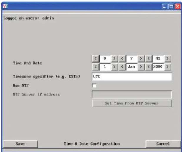 Logged on users: admin Time And Date < 0 > < 7 > < 41 > < 1 > < Jan > < 2000 > Timezone specifier (e.g. EST5) UTC Use NTP MTP Server IP address Set Time from MTP Server Save Time & Date Configuration Cancel
