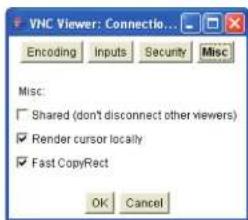 VNC Viewer: Connectio... Encoding Inputs Security Misc Misc: Shared (don't disconnect other viewers) Render cursor locally Fast CopyRect OK Cancel