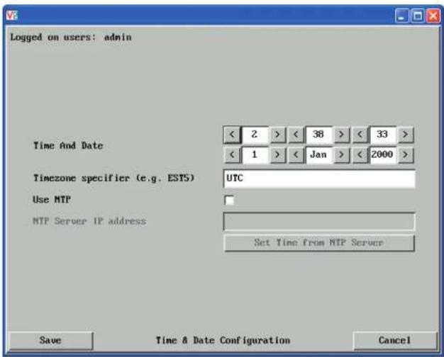 Logged on users: admin Time And Date < 2 > < 38 > < 33 > < 1 > < Jan > < 2000 > Timezone specifier (e.g. EST5) UTC Use NTP MTP Server IP address Set Time from NTP Server Save Time & Date Configuration Cancel