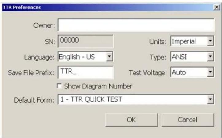 TTR Preferences Owner: SN: 00000 Units: Imperial Language: English - US Type: ANSI Save File Prefix: TTR_ Test Voltage: Auto Show Diagram Number Default Form: 1 - TTR QUICK TEST OK Cancel
