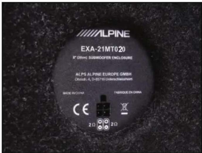 ALPINE EXA-21MT020 8" (36mm) SUBWOOFER ENCLOSURE ALPS ALPINE EUROPE GMBH Oberstr. 4, D-85716 Understeuersheim MADE IN CHINA FABRIQUE EN CHINA CE 2Ω 2Ω