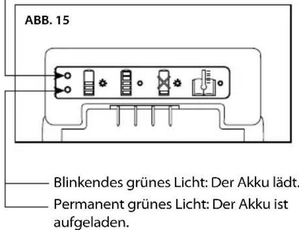 ABB. 15 Blinkendes grüne Licht: Der Akku lädt. Permanent grüne Licht: Der Akku ist aufgeladen.