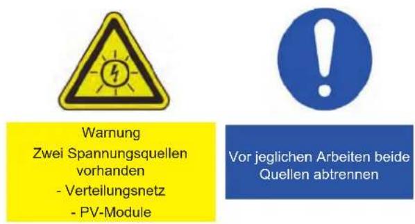 Warnung Zwei Spannungsquellen vorhanden - Verteilungsnetz - PV-Module Vor jeglichen Arbeiten beide Quellen abtrennen
