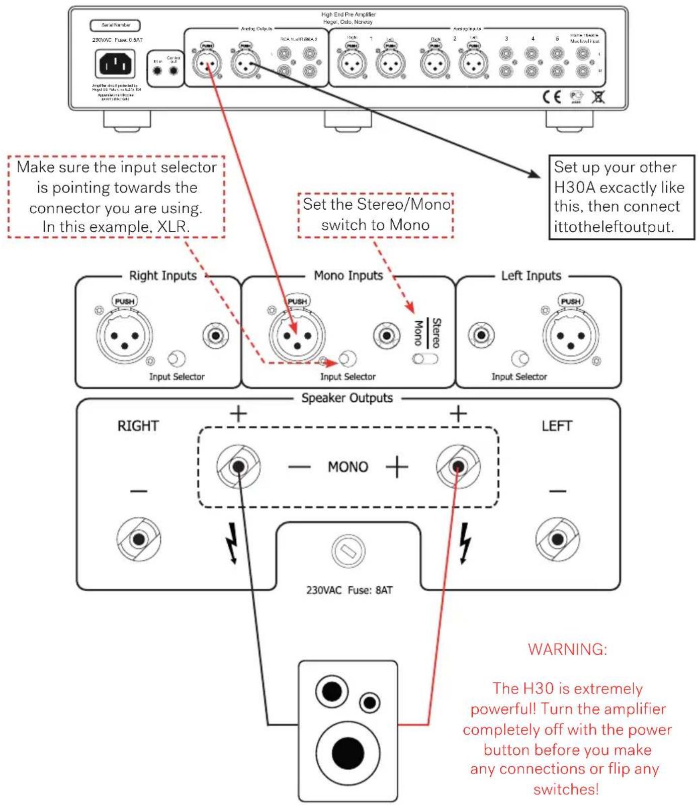 Signal Number 230VAC Fuse: 0.5AT Amplifier (F) is subjected to Input 05: Make the H30A 14 Aperture of 18.5x 5.5x High End Pre Amplifier Hegel, Oslo, Norway Audio Outputs RCA Train/RCA 2 Clock 1 Left Flash 2 Left 3 4 5 Home Theatre Multi-Inlet CC Make sure the input selector is pointing towards the connector you are using. In this example, XLR. Set the Stereo/Mono switch to Mono Set up your other H30A exactly like this, then connect ittotheleftoutput. Right Inputs PUSH Input Selector Mono Inputs PUSH Input Selector Mono Stereo Left Inputs PUSH Input Selector Speaker Outputs RIGHT + + - - MONO + - LEFT - 230VAC Fuse: 8AT WARNING: The H30 is extremely powerful! Turn the amplifier completely off with the power button before you make any connections or flip any switches!