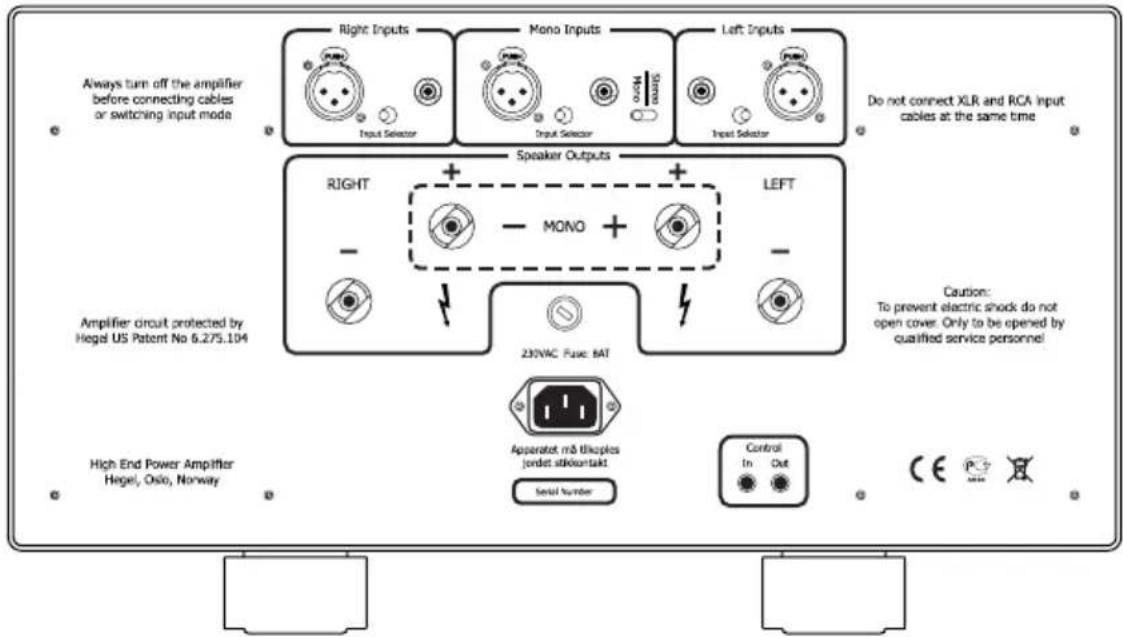 Always turn off the amplifier before connecting cables or switching input mode Right Inputs Input Selector Mono Inputs Input Selector Left Inputs Input Selector Do not connect XLR and RCA input cables at the same time Speaker Outputs RIGHT - + - MONO + - LEFT 230VAC Fuse 6AT Amplifier circuit protected by Hegel US Patent No 6.275.104 High End Power Amplifier Hegel, Oslo, Norway Apparatek m& thamples jordet stikontakt Serial Number Caution: To prevent electric shock do not open cover. Only to be opened by qualified service personnel Control In Out
