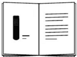 Illustration of an open book with a remote and text lines, likely indicating a menu or list entry.