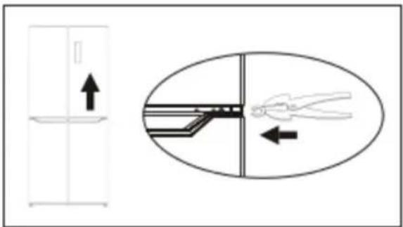 Diagram showing a door mechanism with an upward arrow and a close-up of a tool inside a pan, with directional arrows indicating movement.