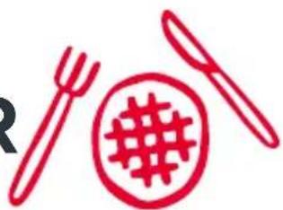 Simple red line drawing of a fork, plate with flour, and knife (no text or symbols)