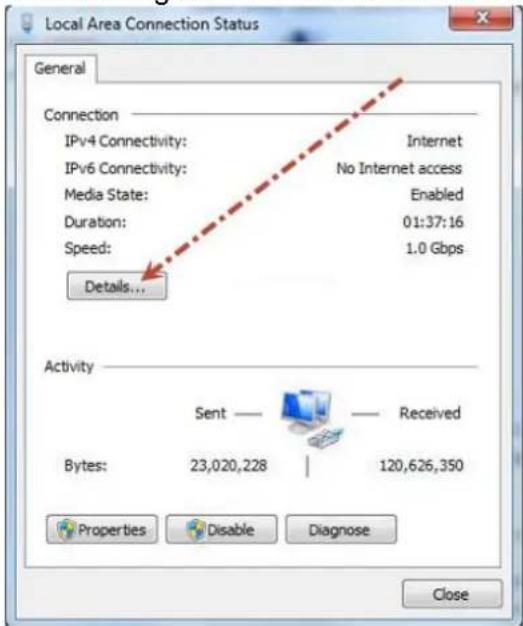Local Area Connection Status General Connection IPv4 Connectivity: Internet IPv6 Connectivity: No Internet access Media State: Enabled Duration: 01:37:16 Speed: 1.0 Gbps Details... Activity Sent — Received Bytes: 23,020,228 | 120,626,350 Properties Disable Diagnose Close