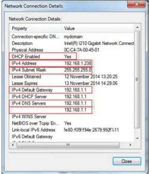 Network Connection Details Network Connection Details: Property Value Connection-specific DN...=mydomain Description Intel(R) I210 Gigabit Network Connect Physical Address 0C-C4-7A-00-45-01 DHCP Enabled Yes IPv4 Address 192.168.1.238 IPv4 Subnet Mask 255.255.255.0 Lease Obtained 12 November 2014 13:20:25 Lease Expires 13 November 2014 14:29:06 IPv4 Default Gateway 192.168.1.1 IPv4 DHCP Server 192.168.1.1 IPv4 DNS Servers 192.168.1.1 192.168.1.1 IPv4 WINS Server NetBIOS over Tcpip En... Yes Link-local IPv6 Address fe80:f05f94e:2679:992f%:11 IPv6 Default Gateway Close