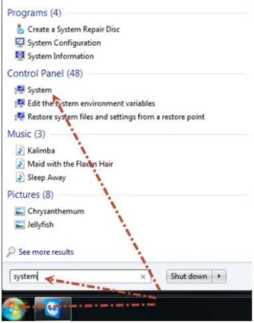 Programs (4) Create a System Repair Disc System Configuration System Information Control Panel (48) System Edit the system environment variables Restore system files and settings from a restore point Music (3) Kalimba Maid with the Flaxin Hair Sleep Away Pictures (8) Chrysanthemum Jellyfish See more results system Shut down