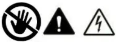 Warning symbols including a hand holding a prohibition sign, an exclamation mark, and a warning triangle with lightning.