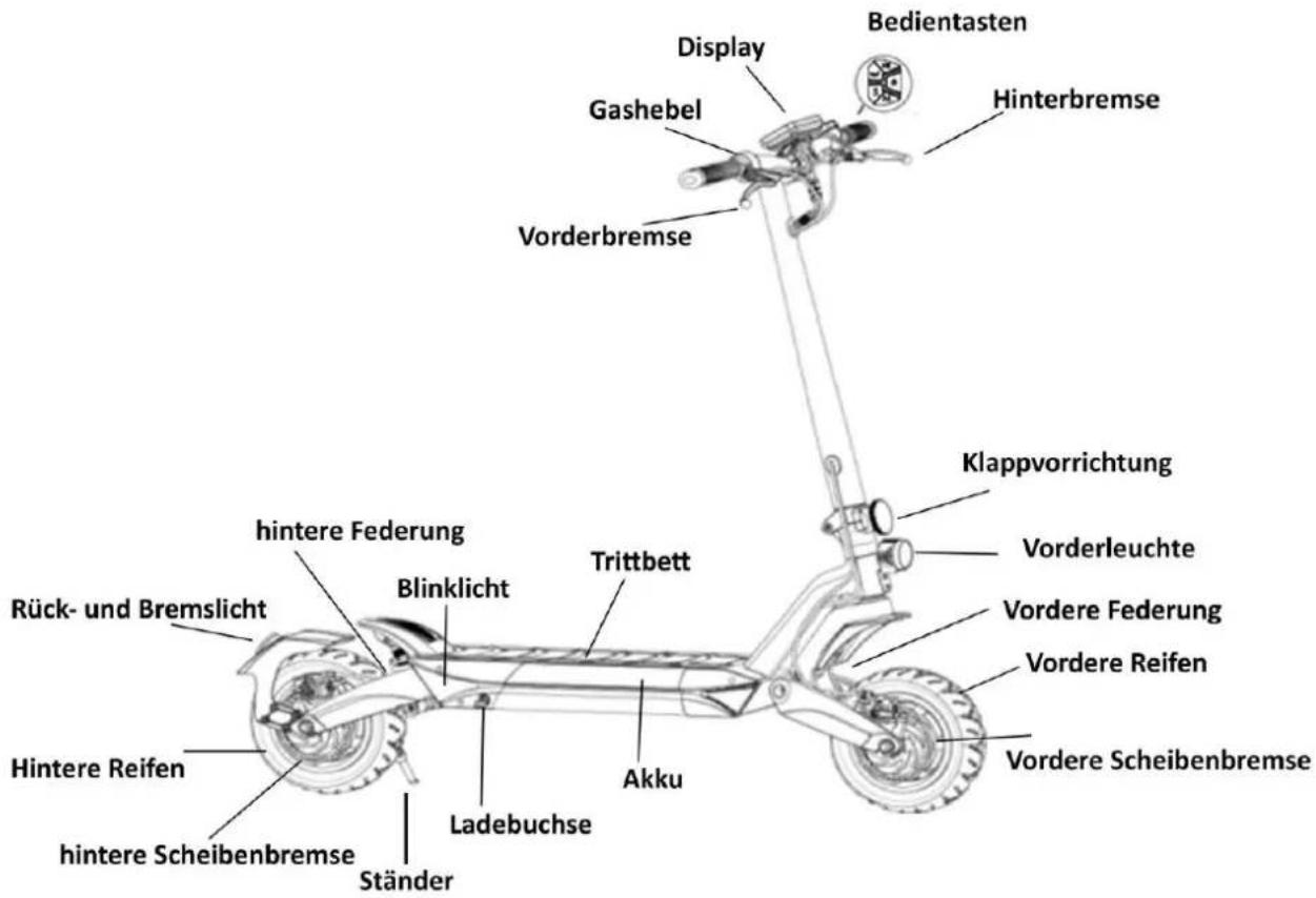 Bedientasten Display Gashebel Hinterbremse Vorderbremse Klappvorrichtung Vorderleuchte Vordere Federung Vordere Reifen Vordere Scheibenbremse Trittbett Blinklicht Hintere Federung Rück- und Bremslicht Hintere Reifen hintere Scheibenbremse Ständer Ladebuchse Akku