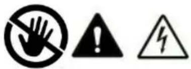 Warning symbols including a hand holding a prohibition sign, an exclamation mark, and a lightning bolt symbol