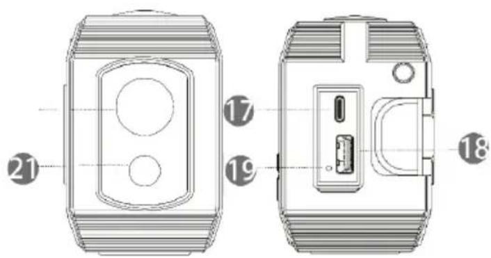 Technical diagram of a smartwatch with labeled components and cross-sectional views