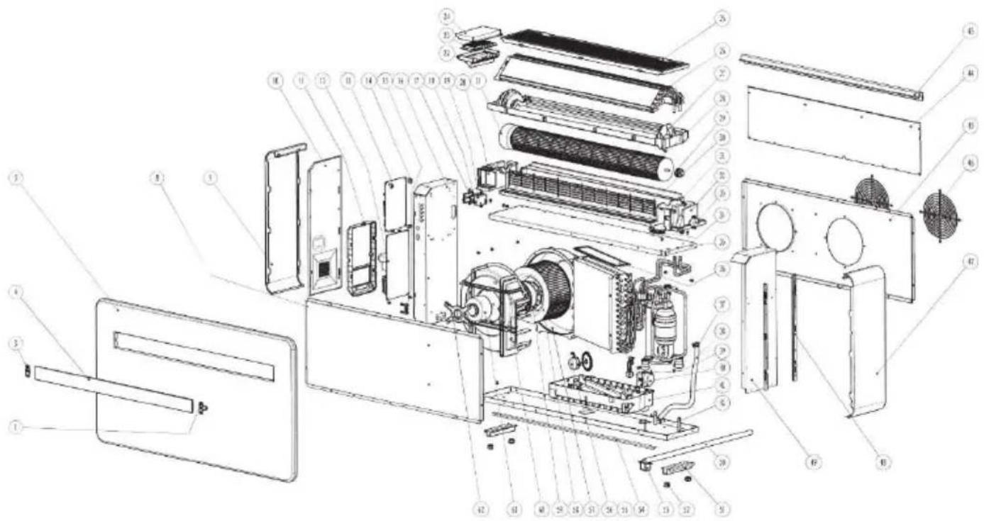 Exploded view diagram of an air conditioning unit with numbered components for identification