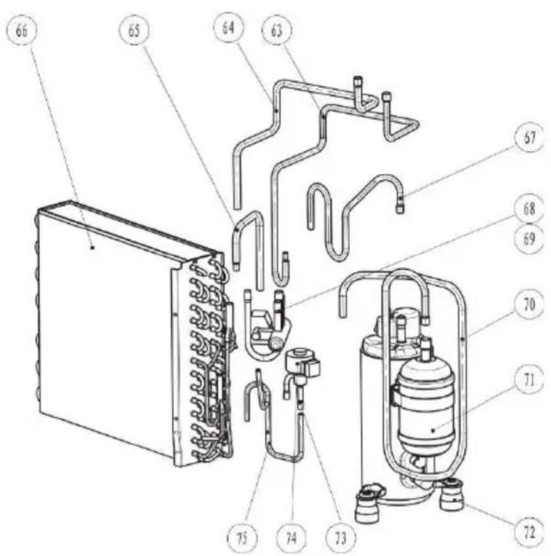 Technical diagram of an appliance with numbered parts, likely a valve or cooling unit assembly.