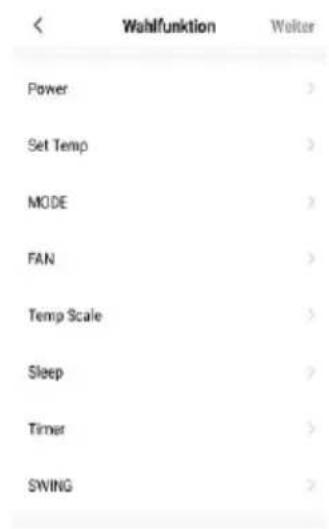 < Wahlfunktion Weiter Power Set Temp MODE FAN Temp Scale Sleep Timer SWING