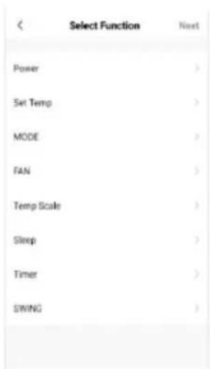 < Select Function Next Power > Set Temp > MODE > FAN > Temp Scale > Sleep > Timer > SWING >