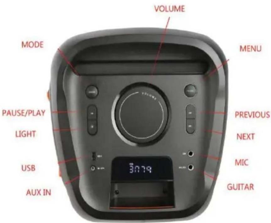 VOLUME MODE PAUSE/PLAY LIGHT USB AUX IN MENU PREVIOUS NEXT MIC GUITAR