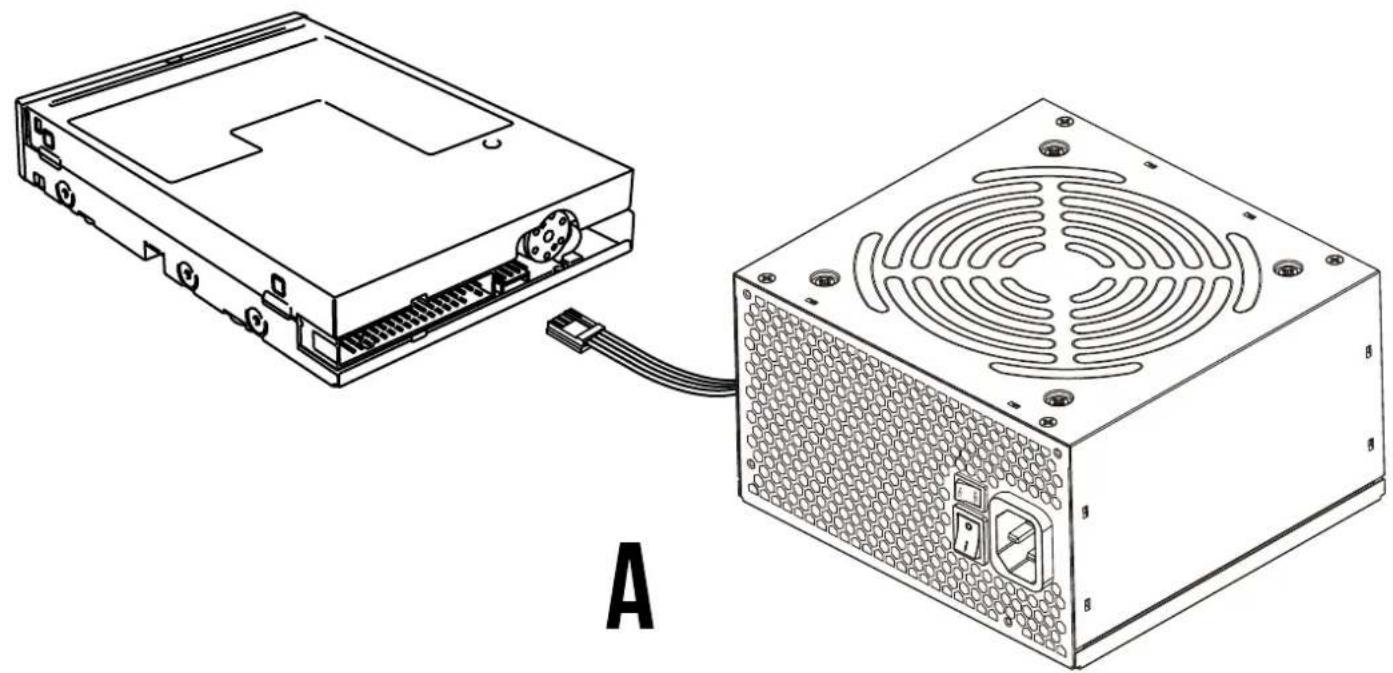 Technical line drawing of a computer drive showing an open rear panel connected to a power supply unit with ventilation slots (no text or symbols)