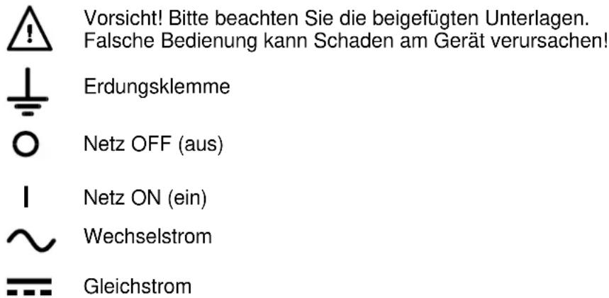 Vorsicht! Bitte beachten Sie die beigefügten Unterlagen. Falsche Bedienung kann Schaden am Gerät verursachen! Erdungsklemme Netz OFF (aus) Netz ON (ein) Wechselstrom Gleichstrom