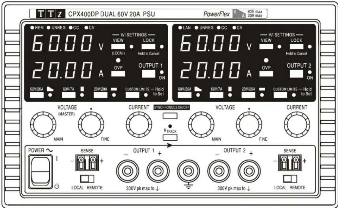 T T z CPX400DP DUAL 60V 20A PSU PowerFlex V A 60V max 20A max REM UNREG CC CV 60.00 V — V/I SETTINGS — VIEW LOCK (LOCAL) Hold to Cancel 20.00 A OUTPUT 1 ON 60V/20A 60V/7A 20V/20A CUSTOM LIMITS — Hold to Set LAN UNREG CC CV 60.00 V — V/I SETTINGS — VIEW LOCK Hold to Cancel 20.00 A OUTPUT 2 ON 60V/20A 60V/7A 20V/20A CUSTOM LIMITS — Hold to Set VOLTAGE (MASTER) CURRENT SYNCHRONOUS ON/OFF VOLTAGE MAIN FINE CURRENT POWER ~ SENSE OUTPUT 1 + OUTPUT 2 + I - + - LOCAL REMOTE 300V pk max to ↓ 300V pk max to ↓ LOCAL REMOTE - + +
