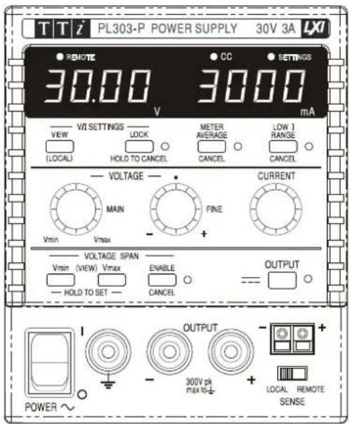 TTi PL303-P POWER SUPPLY 30V 3A LXI REMOTE 30.00 V CC SETTINGS VIEW LOCAL VII SETTINGS LOCK HOLD TO CANCEL METER AVERAGE CANCEL LOW 1 RANGE CANCEL VOLTAGE MAIN Vmin Vmax FINE + CURRENT VOLTAGE SPAN Vmin (VIEW) Vmax HOLD TO SET - ENABLE CANCEL OUTPUT POWER ~ OUTPUT 300V pk max to ± + LOCAL REMOTE SENSE
