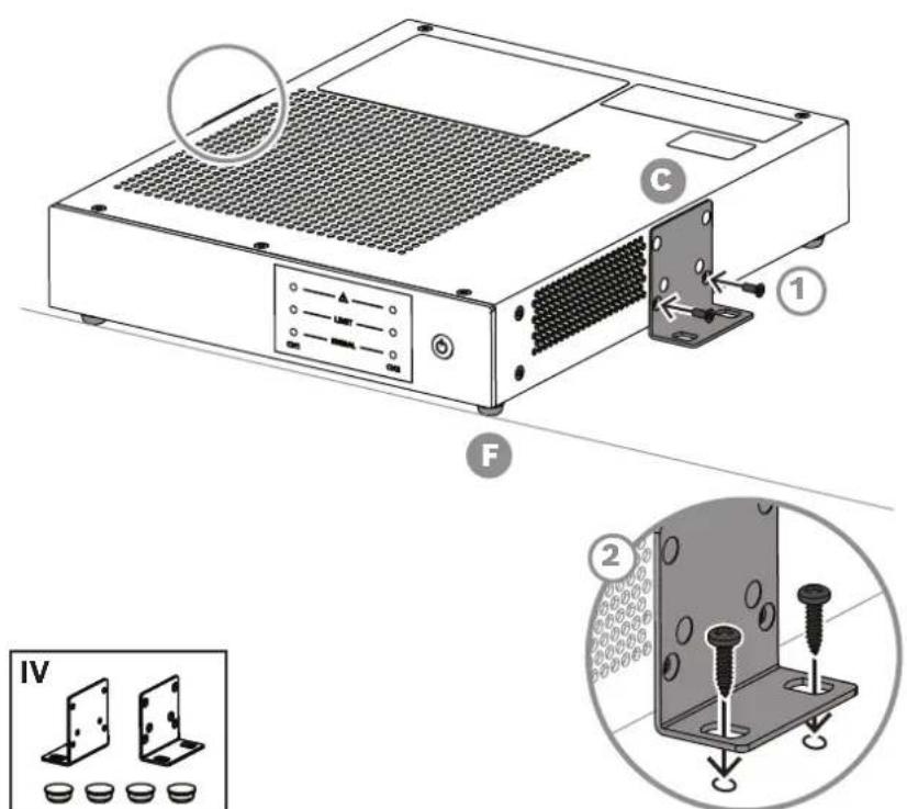 Technical diagram of an electronic device with labeled components and exploded view showing internal structure and mounting details.