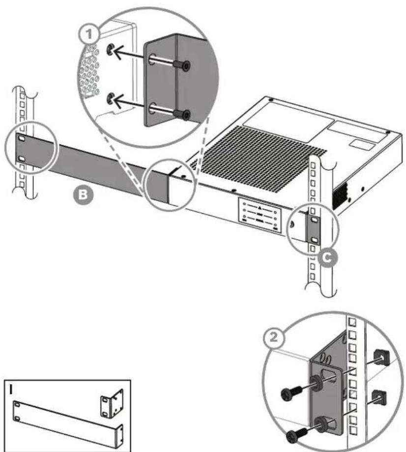 Technical diagram showing installation of a server rack with labeled components and exploded views