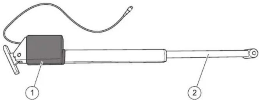 Technical diagram of a handheld device with labeled parts 1 and 2