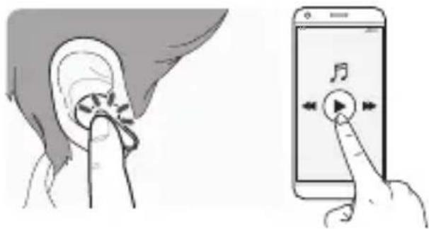 Illustration showing ear ear and smartphone app interface with musical notes and playback controls