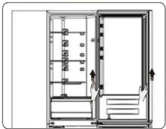 Diagram of a refrigerator with doors open and hands adjusting the door, showing internal compartments and ventilation system (no text or symbols)