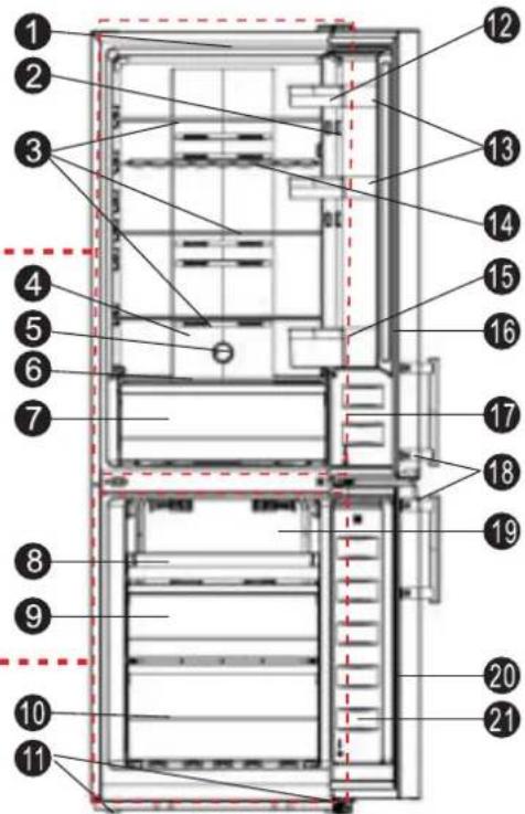 Technical diagram of a multi-level refrigerator with numbered components for identification