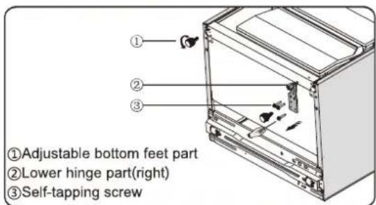 ① ② ③ ①Adjustable bottom feet part ②Lower hinge part(right) ③Self-tapping screw
