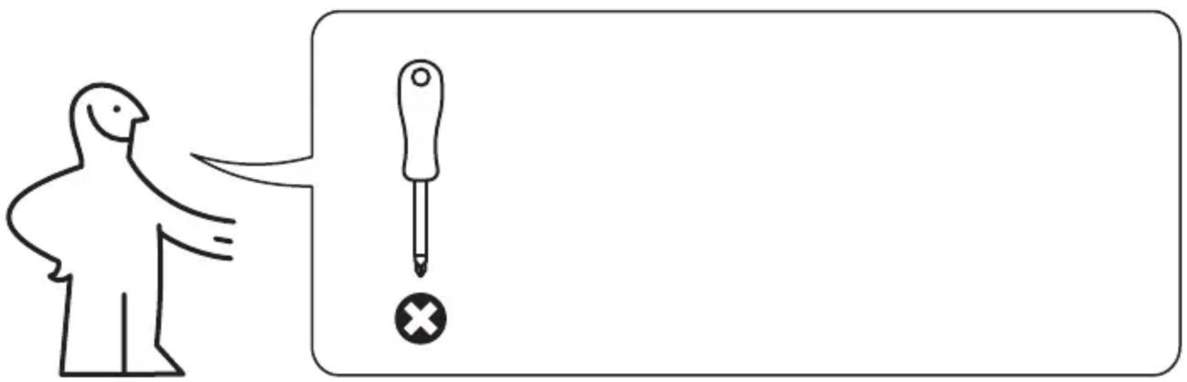 Diagram showing a person pointing at a screwdriver with an exclamation mark, likely illustrating a warning or error.