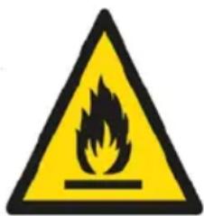 Warning sign depicting a flame symbol in yellow and black on white background