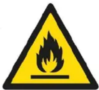 Warning sign depicting a flame symbol in yellow and black, indicating hazard or electrical hazard.