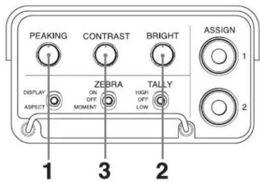 PEAKING CONTRAST BRIGHT ASSIGN 1 DISPLAY ASPECT ZEBRA ON OFF MOMENT HIGH OFF LOW 2 1 3 2