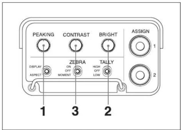 PEAKING CONTRAST BRIGHT ASSIGN 1 DISPLAY ASPECT ZEBRA ON OFF MOMENT HIGH OFF LOW 2 1 3 2