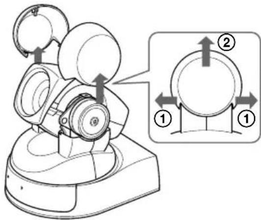 Technical diagram of a robotic device with labeled parts and directional arrows indicating motion or assembly.