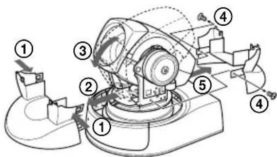 Technical diagram of a mechanical device with numbered components and directional arrows indicating motion or assembly.