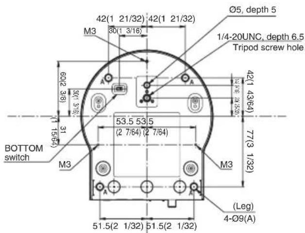 Ø5, depth 5 1/4-20UNC, depth 6.5 Tripod screw hole 42(1 21/32) 42(1 21/32) M3 30(1 3/16) 60/2 3/8 30/1 3/8% 31 1/6/4 BOTTOM switch M3 53.5 53.5 (2 7/64) (2 7/64) M3 77(3 1/32) (Leg) 4-Ø9(A)