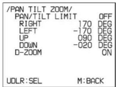 /PAN TILT ZOOM/ PAN/TILT LIMIT OFF RIGHT 170 DEG LEFT -170 DEG UP 090 DEG DOWN -020 DEG D-ZOOM ON UDLR:SEL M:BACK