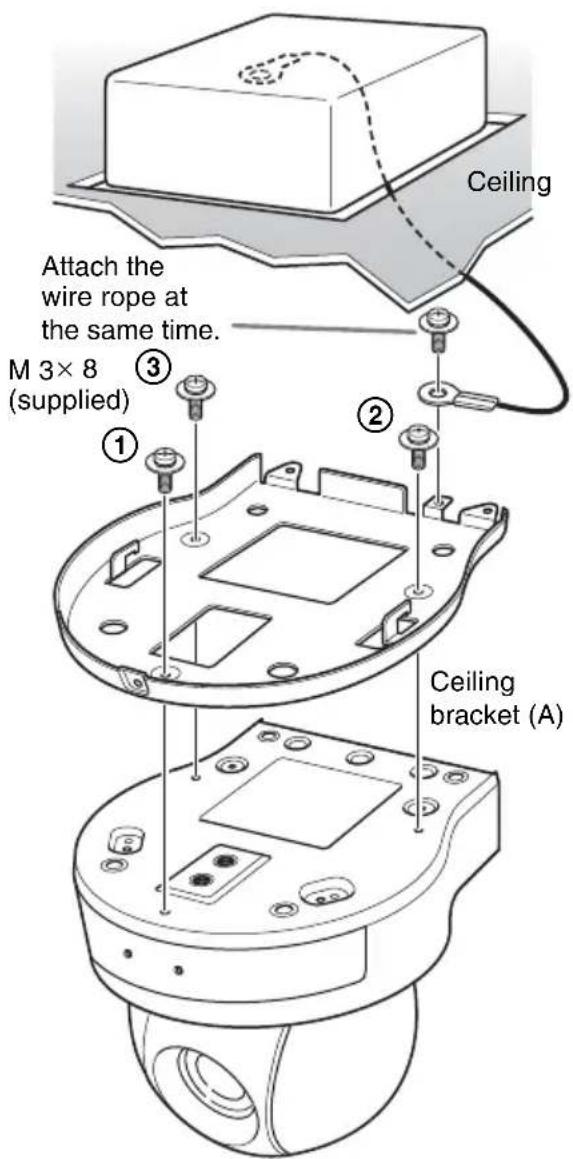Ceiling Attach the wire rope at the same time. M 3×8 (supplied) ③ ① ② Ceiling bracket (A)
