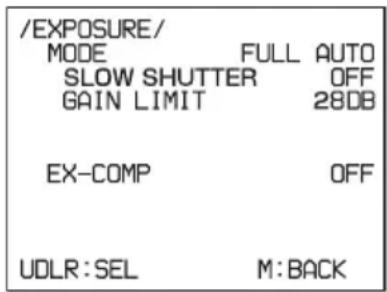 /EXPOSURE/ MODE FULL AUTO SLOW SHUTTER OFF GAIN LIMIT 28DB EX-COMP OFF UDLR:SEL M:BACK