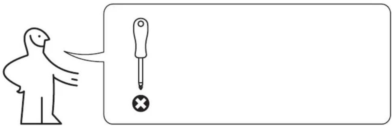 Simple line drawing showing a person pointing at a screwdriver with an exclamation mark, next to a blank rectangular box.