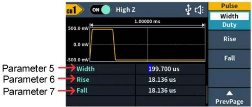 CH1 ON High Z 1.00000 ms 500.0 mV 0.0 mV -500.0 mV Parameter 5 → Width 199.700 us Parameter 6 → Rise 18.136 us Parameter 7 → Fall 18.136 us Pulse Width Duty Rise Fall PrevPage