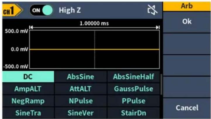 CH1 ON High Z 1.00000 ms 500.0 mV 0.0 mV -500.0 mV DC AbsSine AbsSineHalf AmpALT AttALT GaussPulse NegRamp NPulse PPulse SineTra SineVer StairDn Arb Ok Cancel