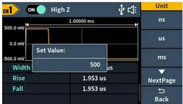 CH1 ON High Z 1.00000 ms 500.0 mV 0.0 mV -500.0 mV Width 500 us Rise 1.953 us Fall 1.953 us Unit ns us ms NextPage Back